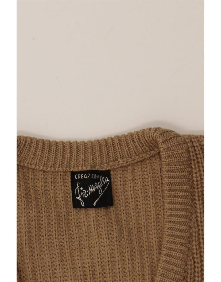 VINTAGE Mens V-Neck Jumper Sweater Small Beige Striped Wool Vintage Vintage and Second-Hand Vintage from Messina Hembry 