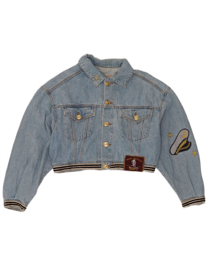 Vintage denimjakke til kvinder med grafisk beskæring UK 14 Medium Blue Cotton