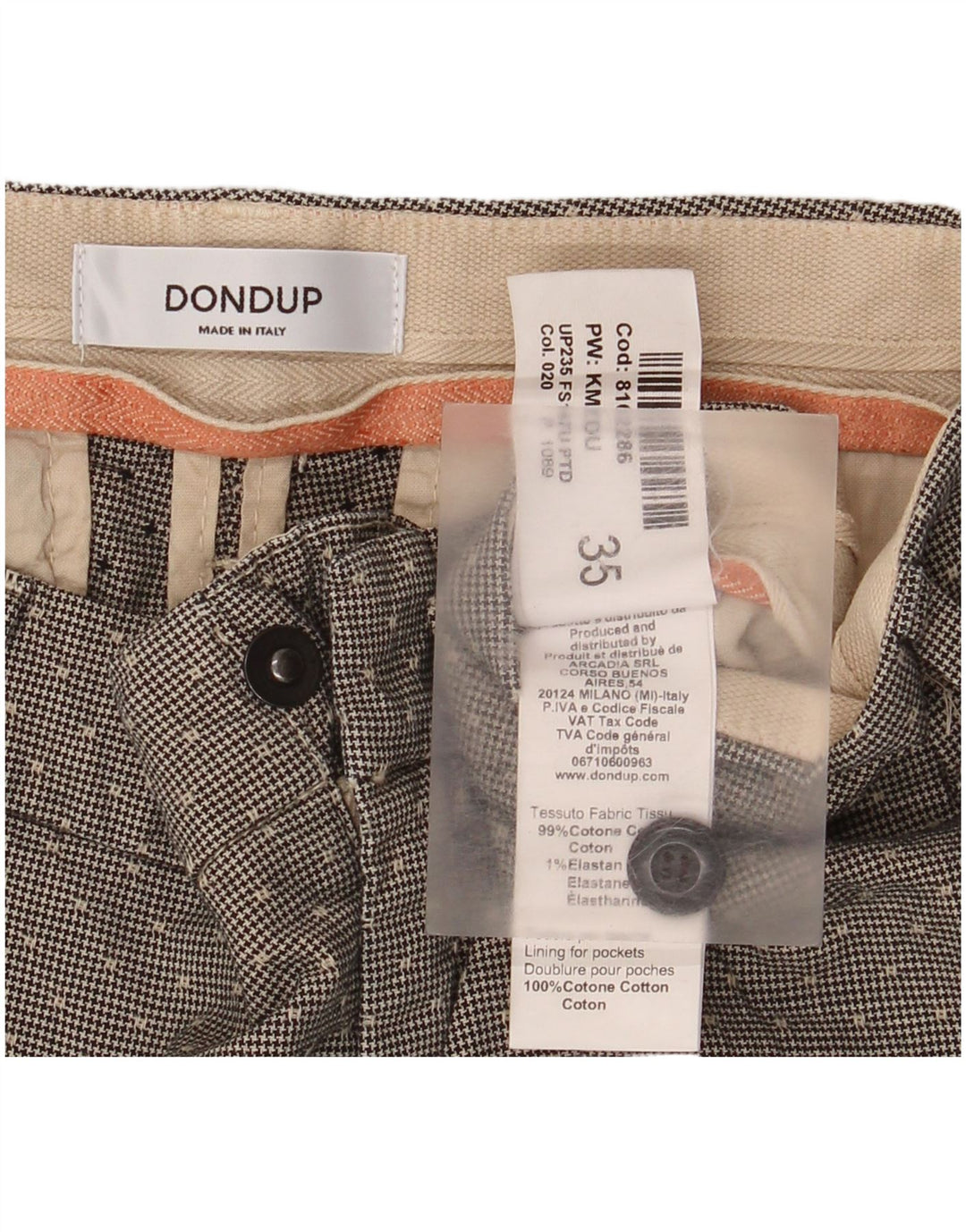 Dondup Herre Slim Chino Bukser W35 L30 Grå Houndstooth Bomuld