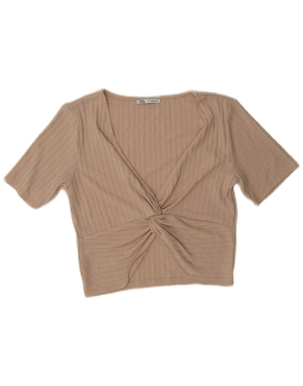 Zara Womens Crop Bluse Top UK 12 Medium Beige Polyester
