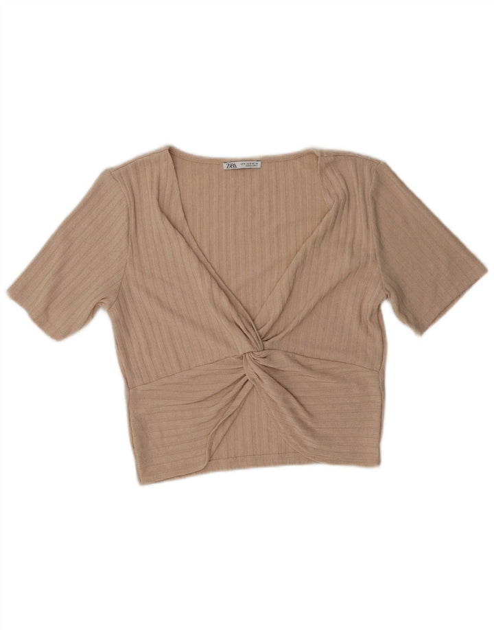 Zara Womens Crop Bluse Top UK 12 Medium Beige Polyester