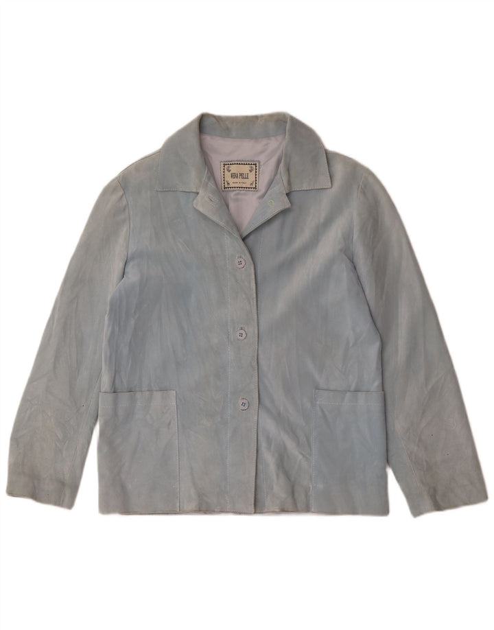 Vintage Dame 4-knaps Ruskind Blazer Jacket UK 14 Medium Blue Læder