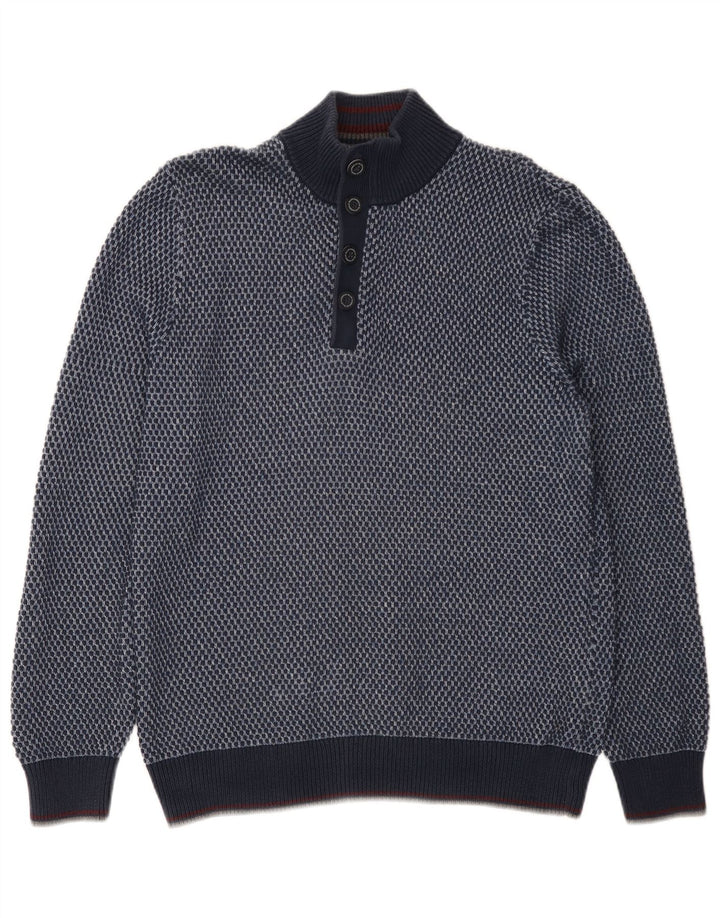 Blue Harbor Herre Button Neck Jumper Sweater Stor Blå Plettet Bomuld