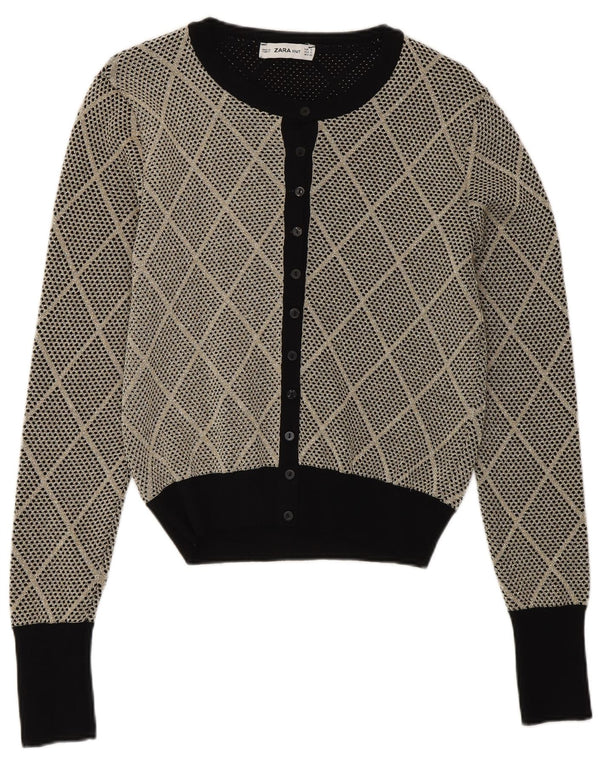 Zara Dame Cardigan Sweater UK 10 Small Grey Argyle/Diamond Viscose