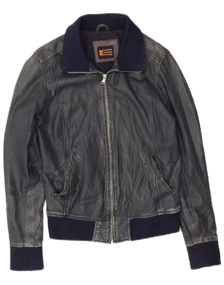 Censured Womens Bomber Læderjakke UK 14 Large Navy Blue Læder