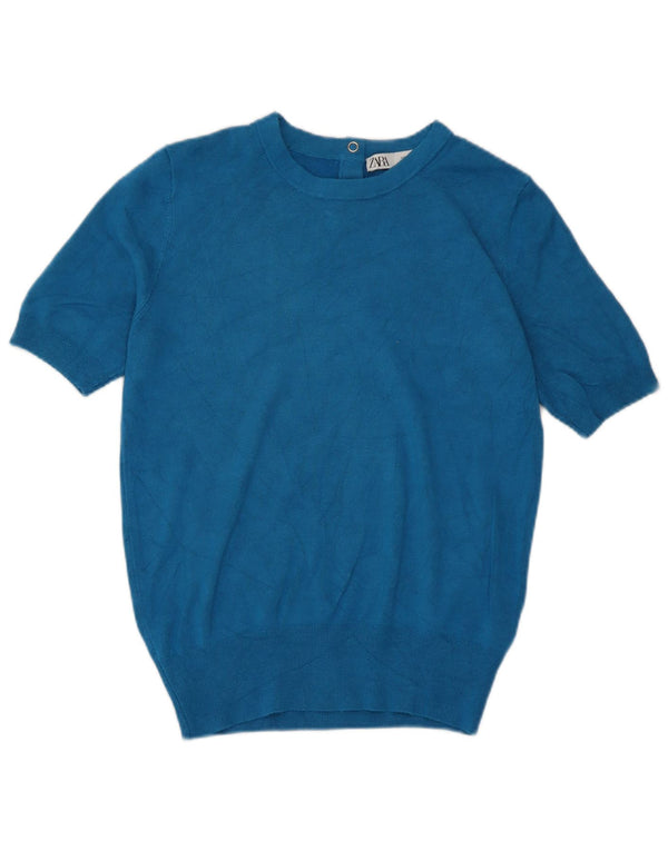 Zara kortærmet dametrøje med rund hals trøje UK 12 Medium Blue Viscose