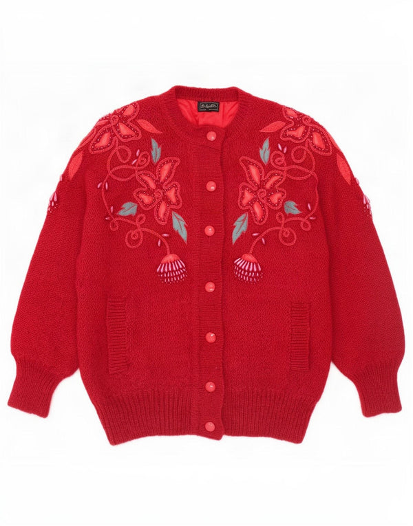 Vintage Kvinders Oversized Cardigan Sweater UK 16 Large Red Floral Mohair