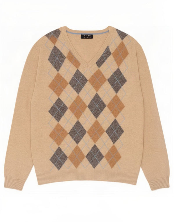 Massimo Dutti Herre V-hals sweater XL Beige Argyle/Diamond Wool