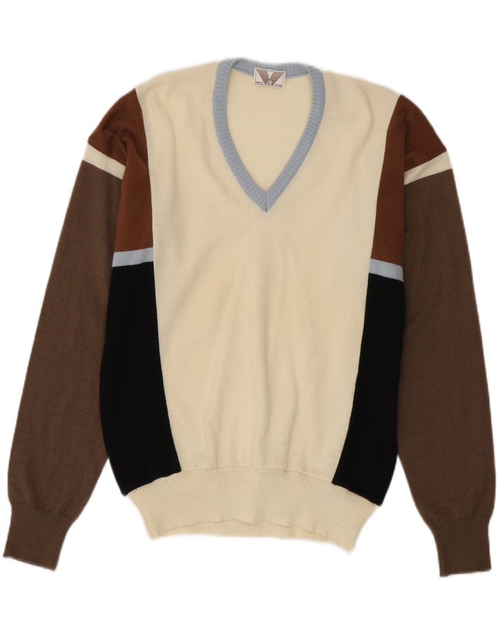 VINTAGE Herre V-hals sweater IT 50 Medium Flerfarvet Colourblock