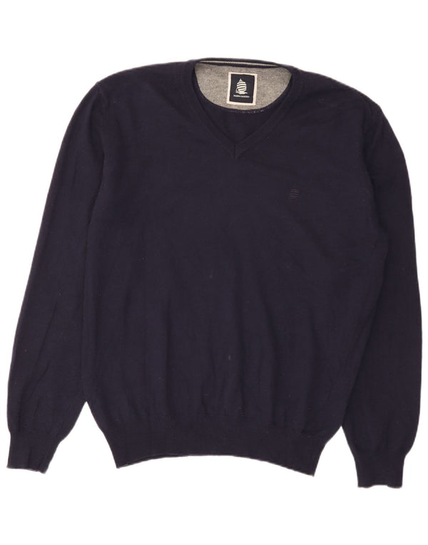 MARINA YACHTING Mens V-Neck Jumper Sweater Large Navy Blue Wool