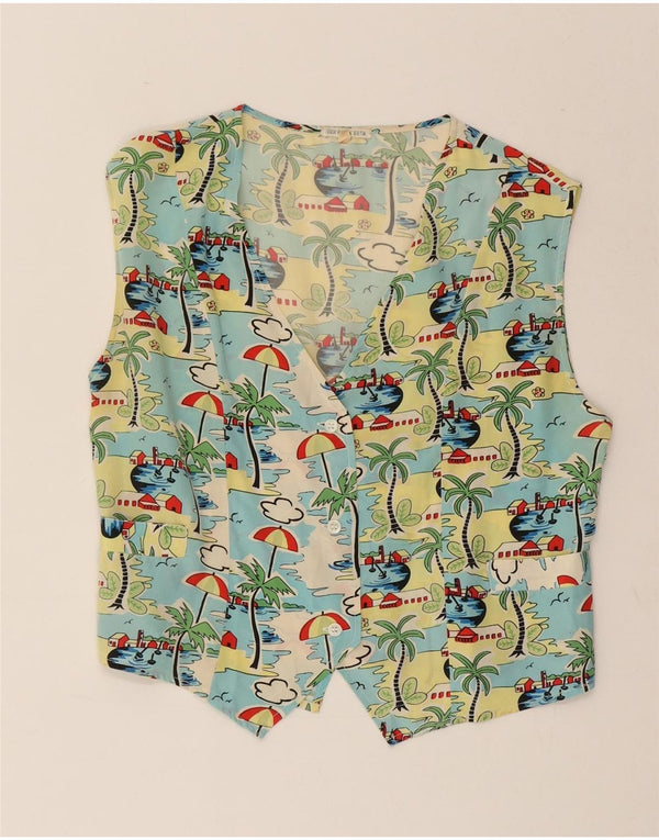 VINTAGE Womens Abstract Pattern Waistcoat EU 40 Medium Green Silk
