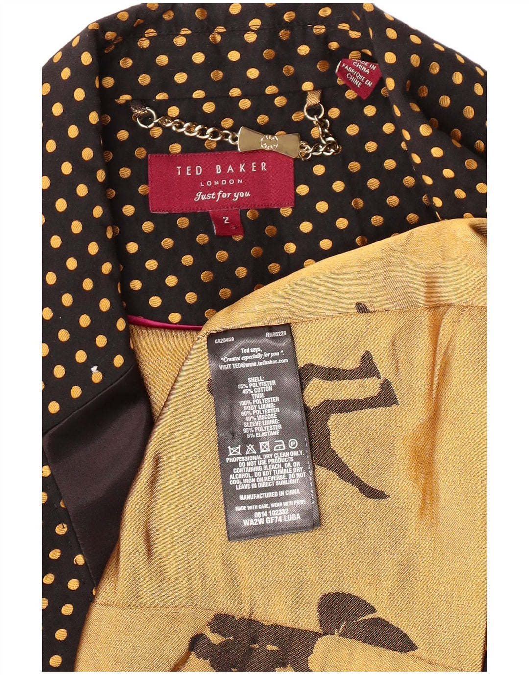 TED BAKER Dame 3/4-ærmet blazerjakke størrelse 2 Lille sort polka Dot
