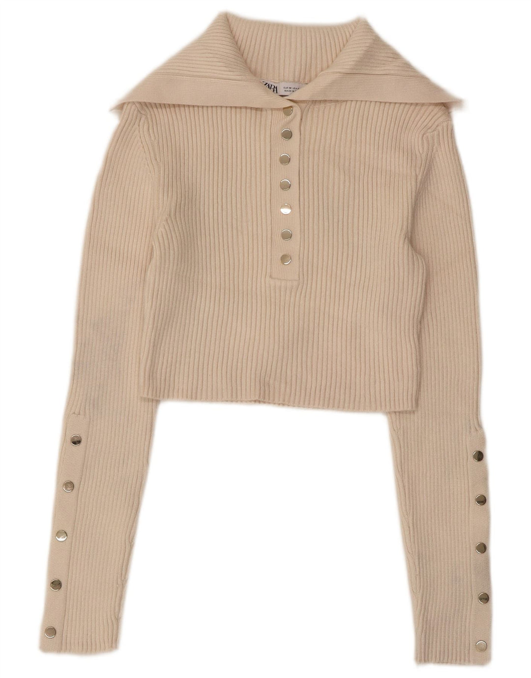 ZARA Womens Crop Polo Neck Jumper Sweater UK 12 Medium Beige Viscose