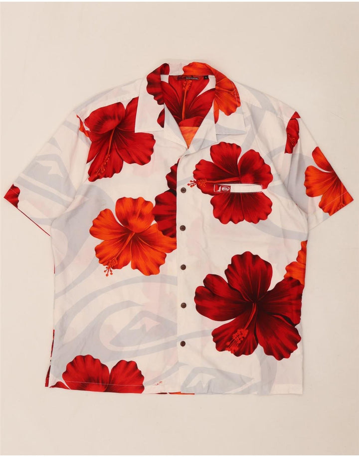 Quiksilver kortærmet herreskjorte stor hvid blomstret polyester