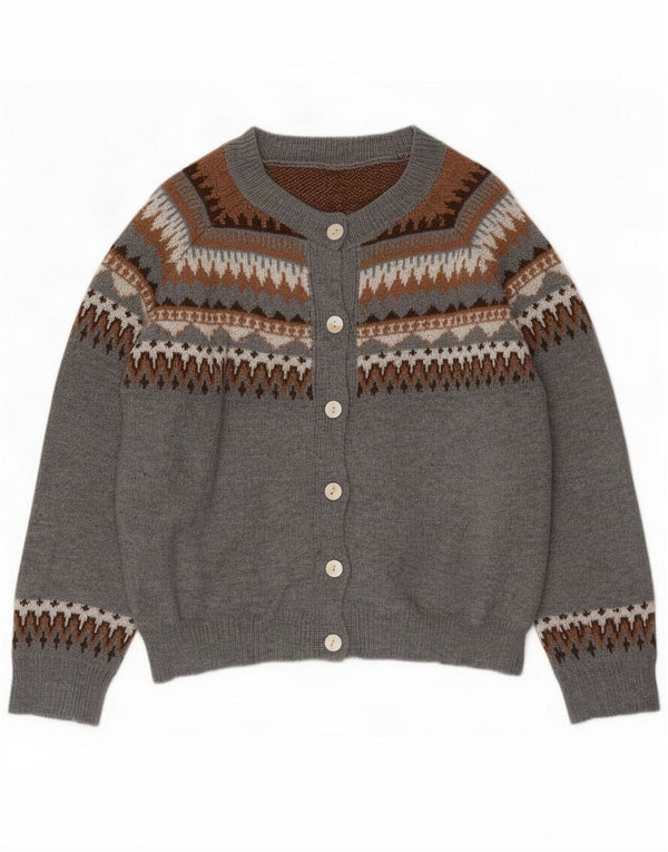 Vintage Dame Cardigan Sweater UK 16 Large Grey Fair Isle Polyester