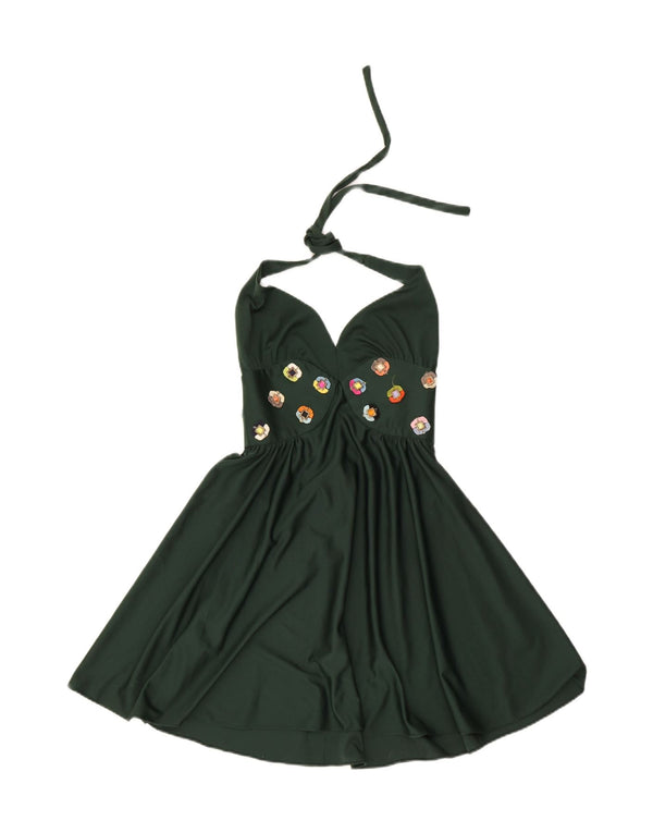 VINTAGE Womens Mini Halter Dress UK 18 XL Green Floral