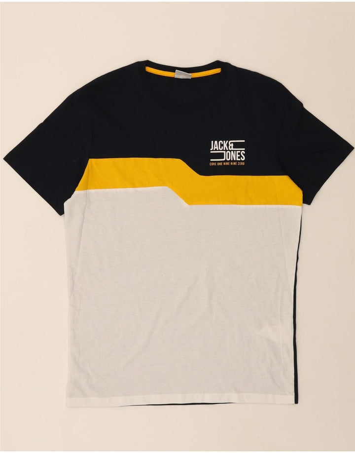 JACK & JONES Mens Core T-Shirt Top Medium Navy Blue Colourblock Cotton Vintage Jack & Jones and Second-Hand Jack & Jones from Messina Hembry 