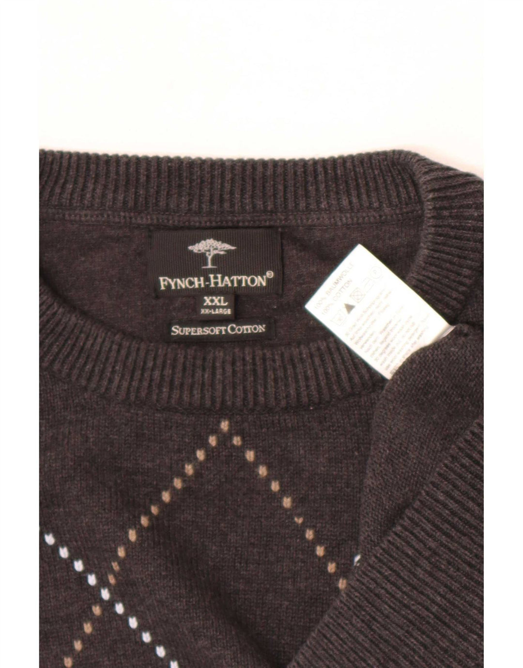 Fynch Hatton Herre sweater med rund hals 2XL Grå Argyle/Diamant Bomuld