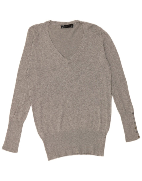 Zara Dame V-hals sweater UK 16 Stor grå Rayon