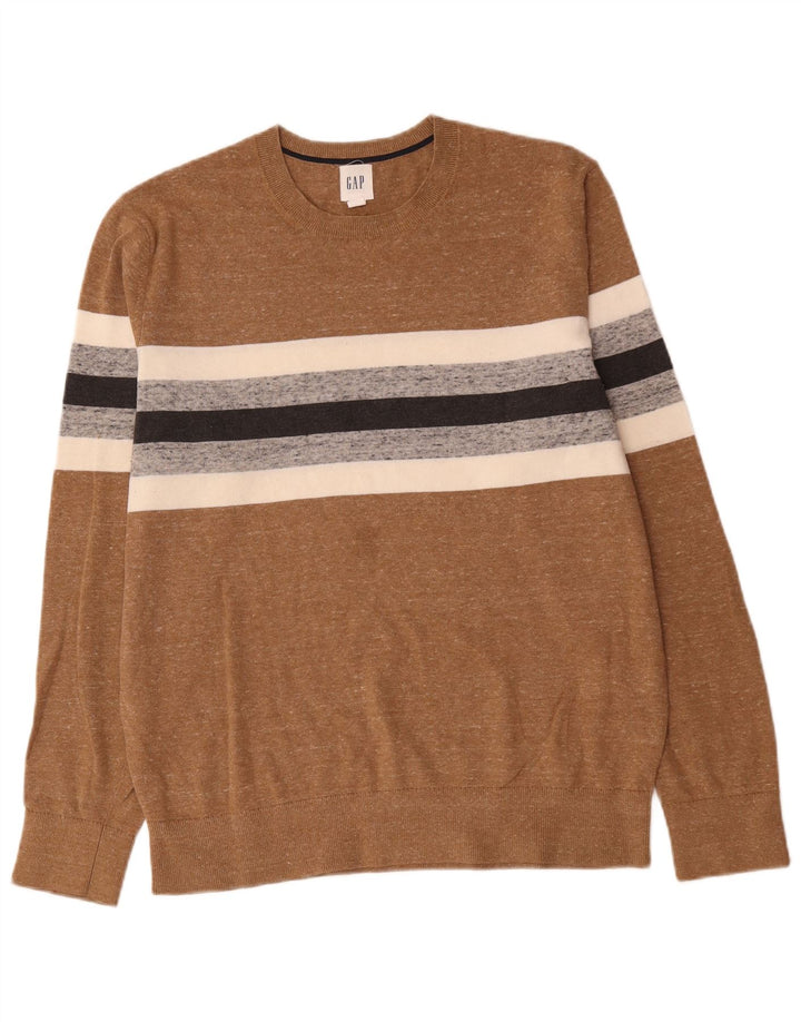 Gap Herre Crew Neck Jumper Sweater Medium Brun Stribet Bomuld