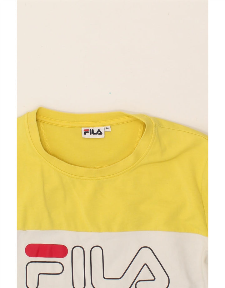 FILA Womens Graphic Top Long Sleeve UK 14 Medium Yellow Colourblock Cotton Vintage Fila and Second-Hand Fila from Messina Hembry 