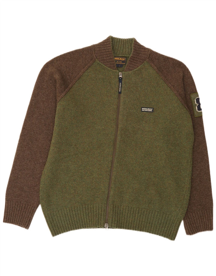 Woolrich Herre Grafisk Cardigan Sweater Stor Grøn Colourblock Uld