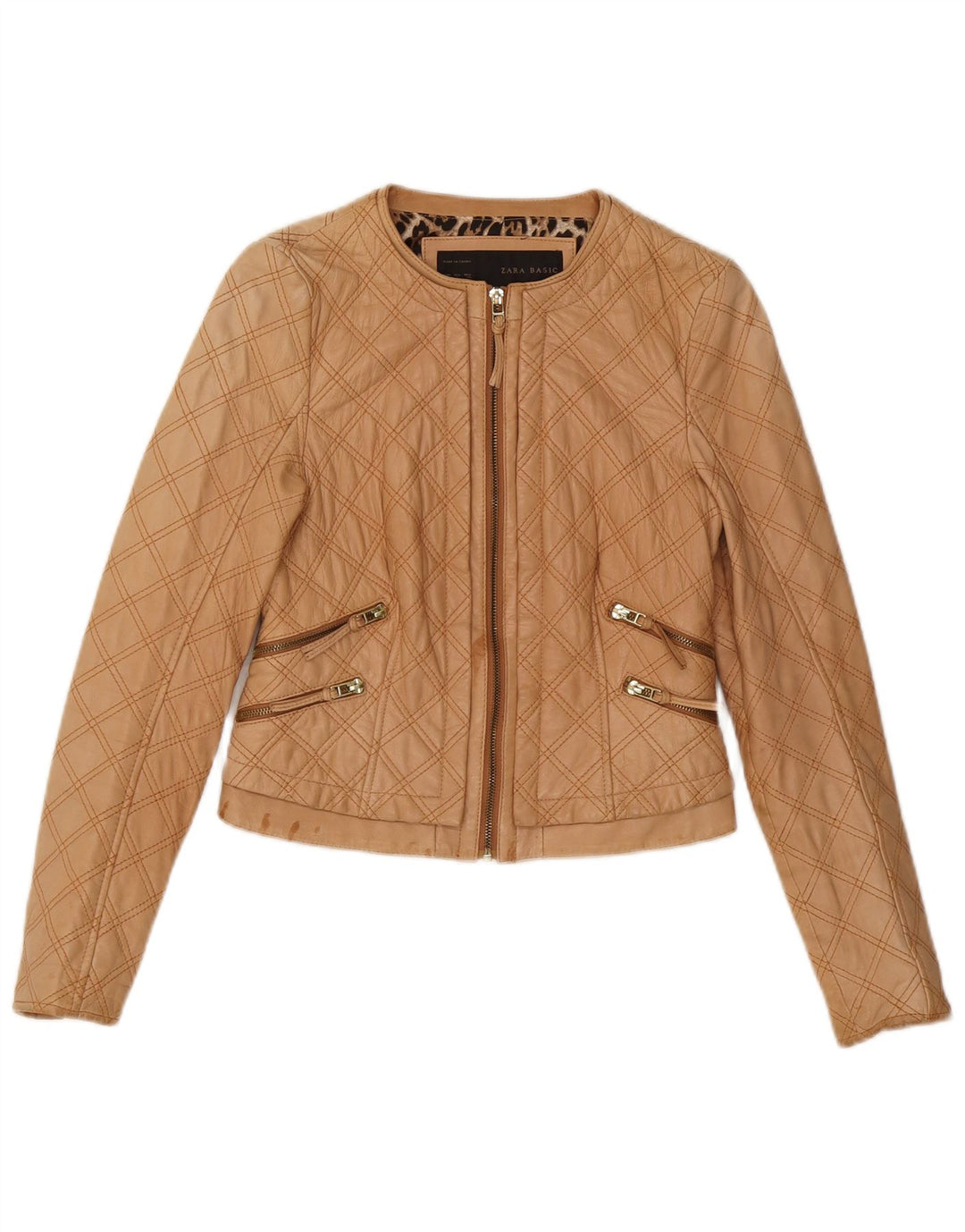 Zara Womens Crop imiteret læder quiltet jakke UK 8 Small Beige Polyester