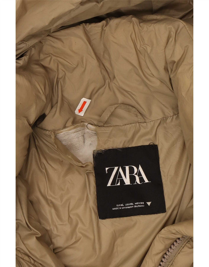 Zara Dame Hætte Oversized Polstret Frakke UK 18 XL Beige Polyester