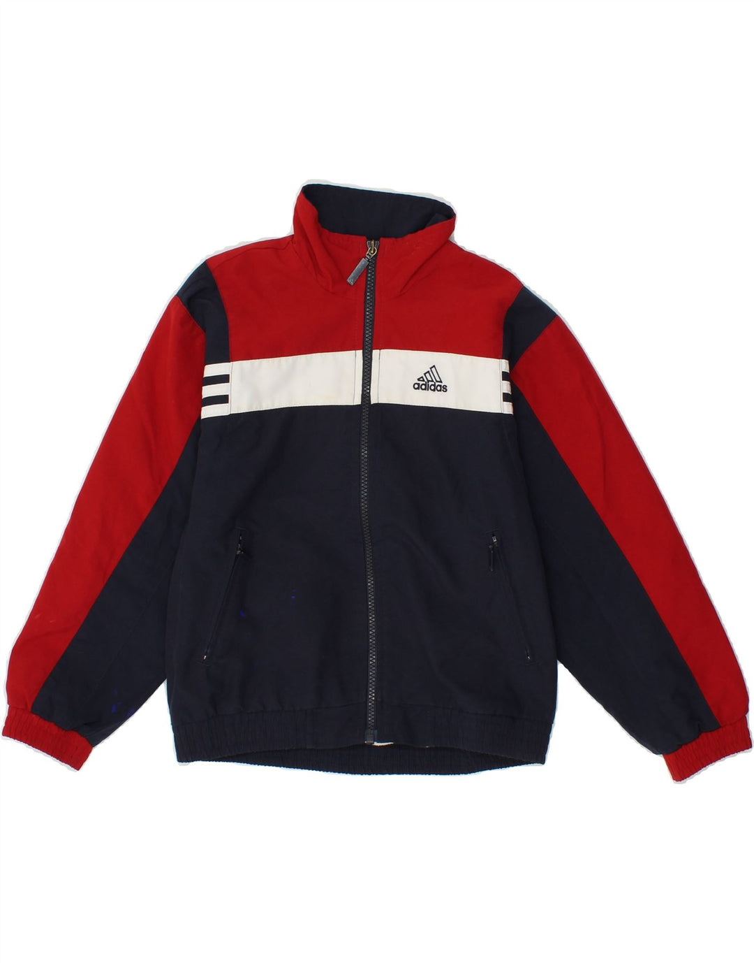 ADIDAS Boys Graphic Tracksuit Top Jacket 9-10 Years Navy Blue Colourblock Vintage Adidas and Second-Hand Adidas from Messina Hembry 