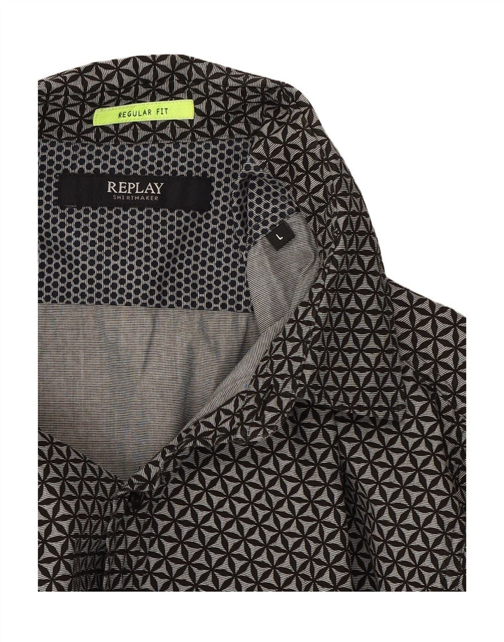REPLAY Mens Regular Fit Shirt Large Grey Geometric Cotton