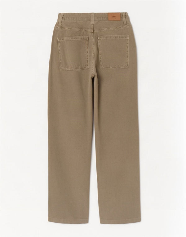 Zara Dame Jeans med høj talje EU 38 Small W28 L29 Khaki Bomuld