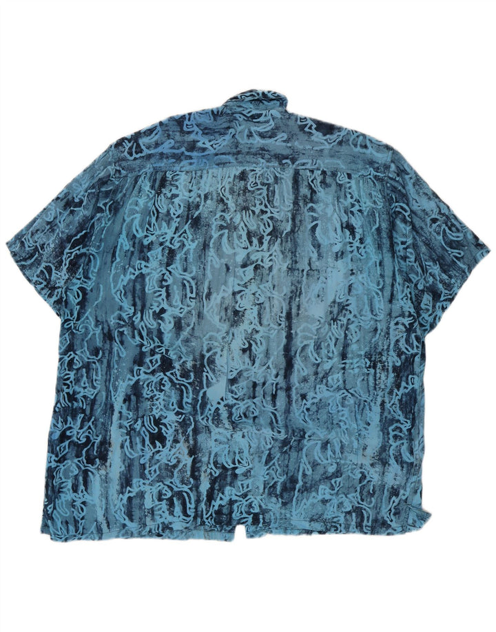 Vintage herre abstrakt mønster kortærmet skjorte XL blå rayon