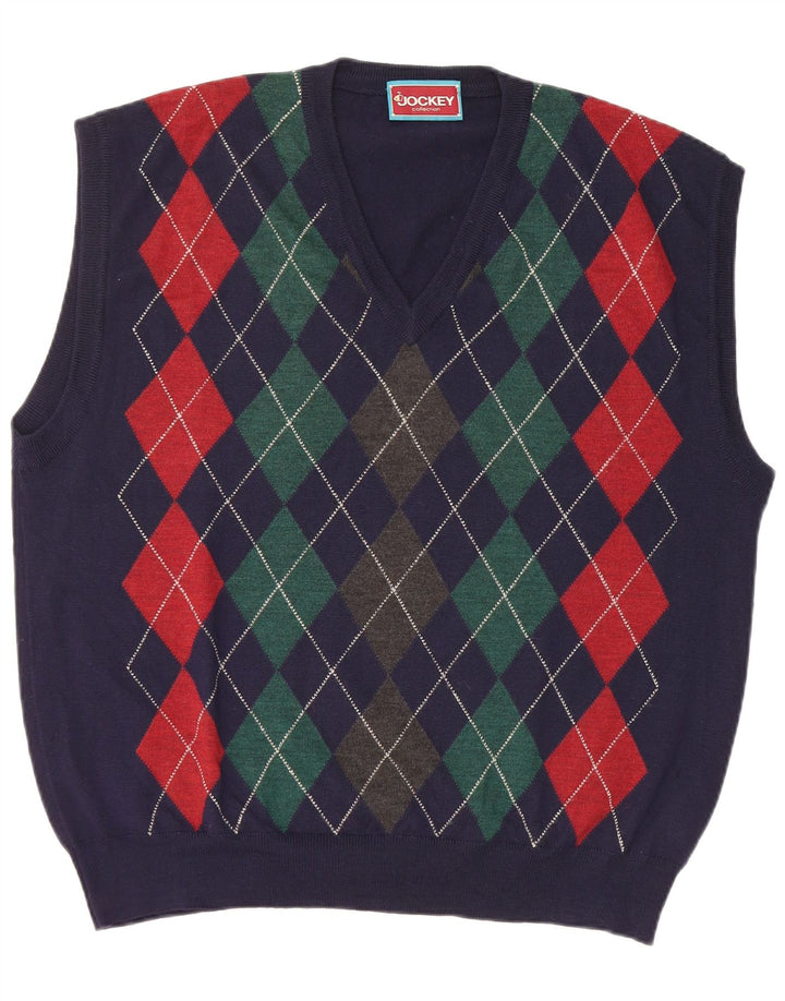 Jockey Herre V-hals Jumper Sweater Large Navy Blue Argyle/Diamond