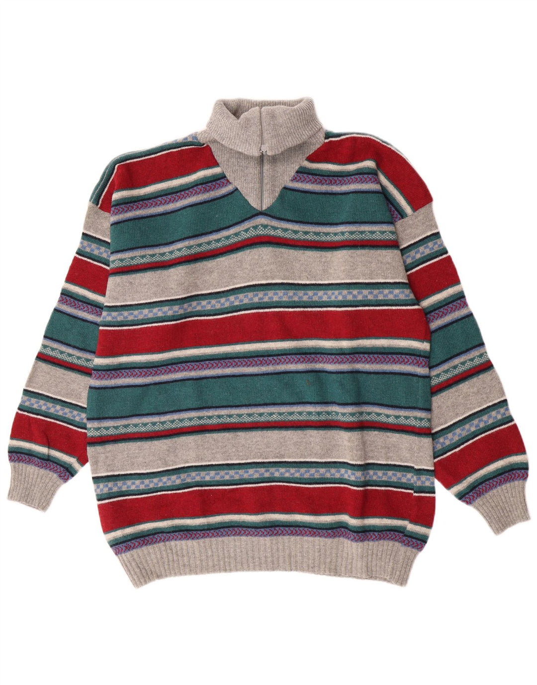 Vintage herre lynlås-hals sweater stor flerfarvet stribet lammeuld