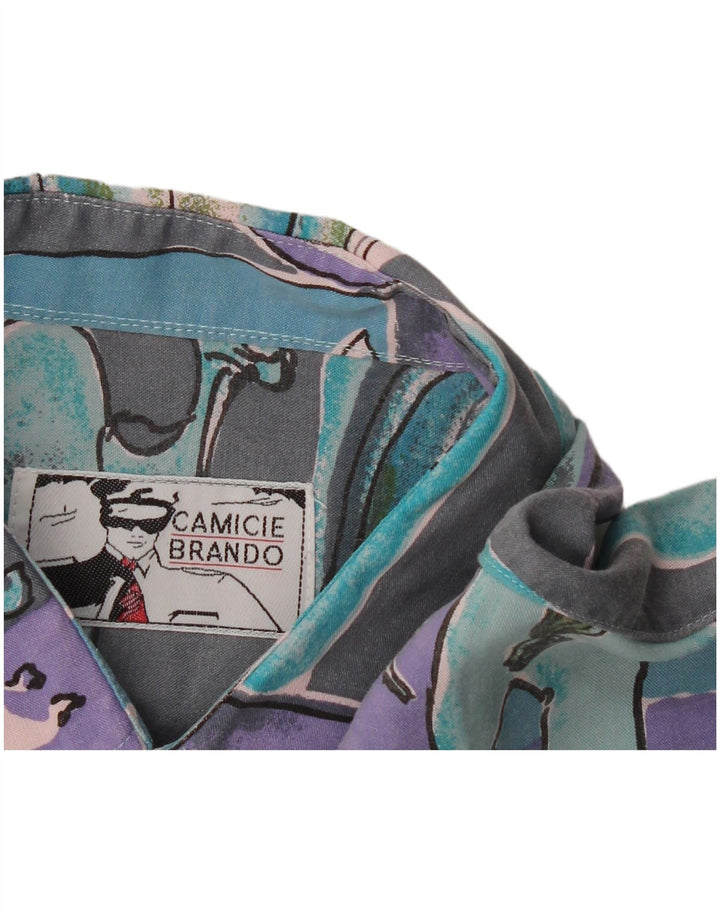 Vintage herre abstrakt mønster kortærmet skjorte XL turkis