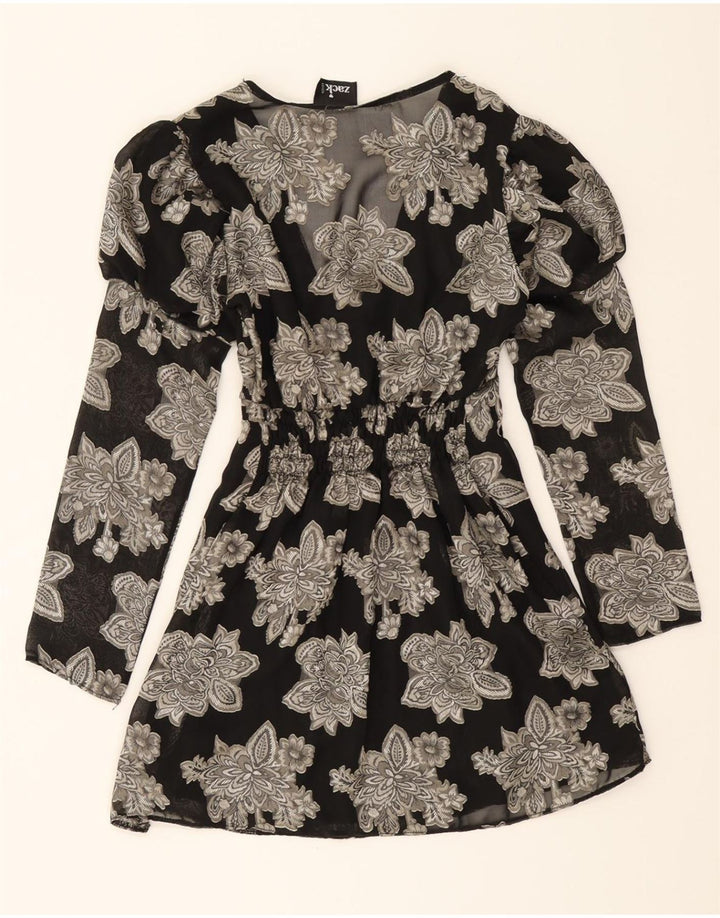 VINTAGE Womens Long Sleeve Basic Dress UK 12 Medium Black Floral Vintage Vintage and Second-Hand Vintage from Messina Hembry 