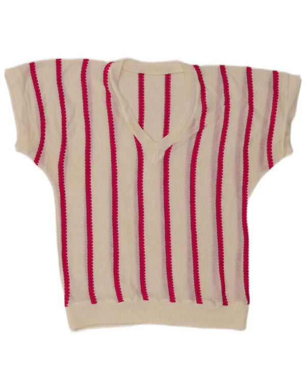 Vintage Dame V-hals sweater UK 12 Medium Off White stribet