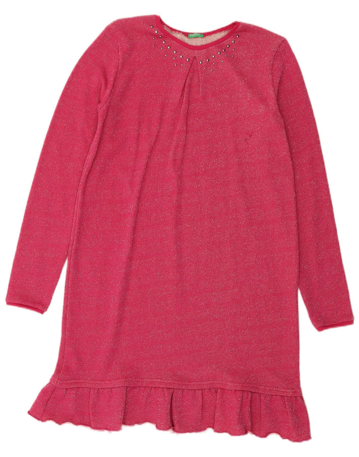 BENETTON Pige Jumper Kjole 11-12 År 2XL Pink Bomuld