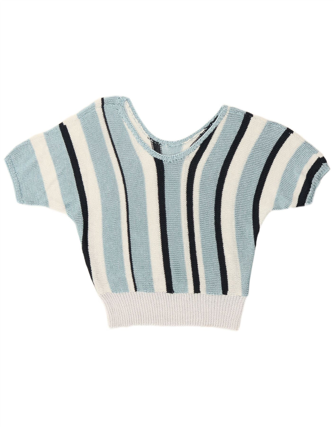 Vintage Dame V-hals sweater UK 12 Medium Blå Stribet Retro