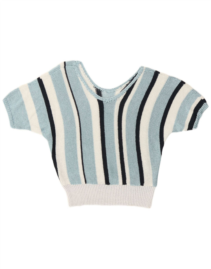 Vintage Dame V-hals sweater UK 12 Medium Blå Stribet Retro