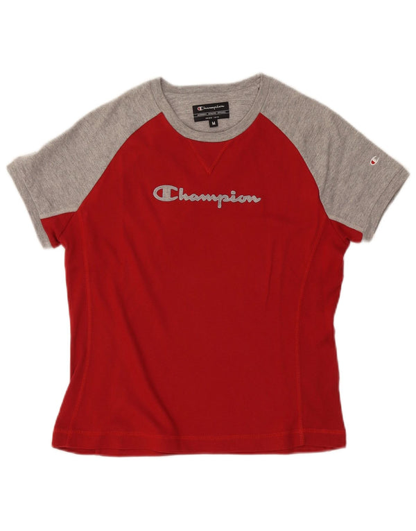 Champion Womens Graphic T-Shirt Top UK 14 Medium Red Colourblock Cotton