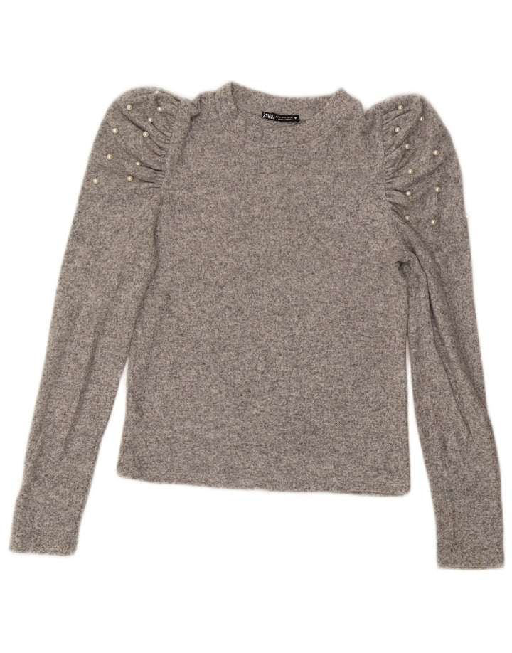 Zara Dame Crop Top Langærmet UK 10 Lille Grå