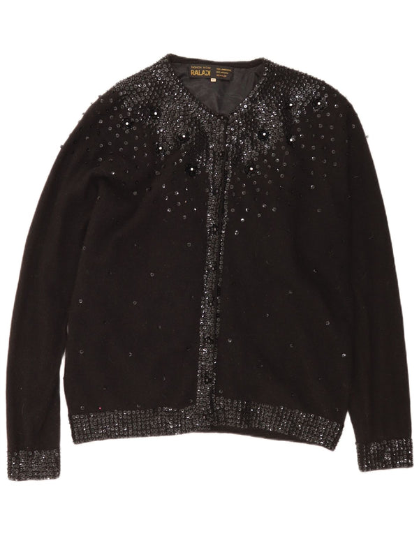 Vintage dame cardigan sweater EU 48 2XL sort plettet lammeuld
