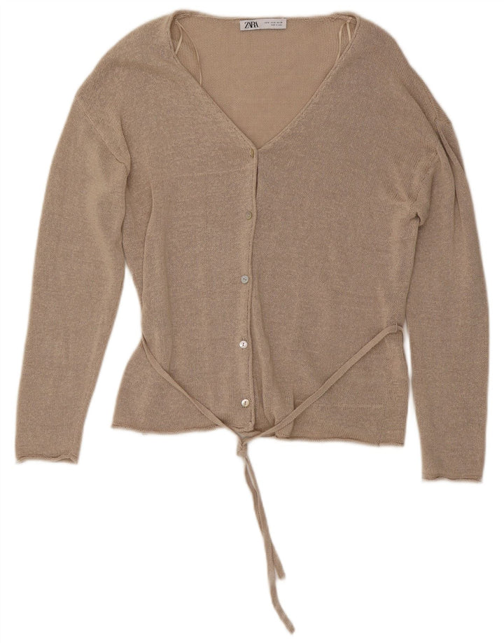 Zara Dame Cardigan Sweater UK 14 Medium Beige Linen