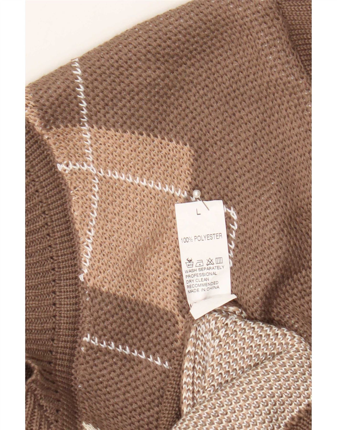 Vintage dame V-hals sweater stor brun Argyle/diamant polyester