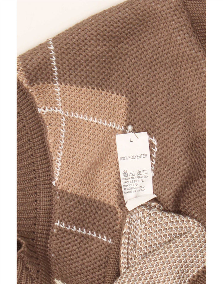 Vintage dame V-hals sweater stor brun Argyle/diamant polyester