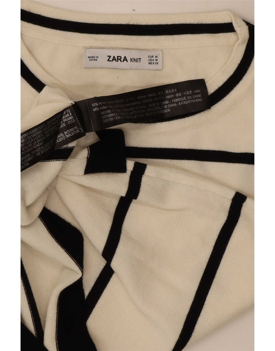 Zara T-Shirt Top UK 12 Medium Hvid Stribet Viscose