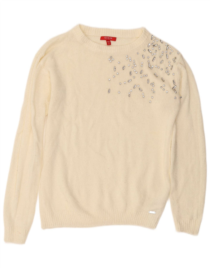 Guess Womens Boat Neck Jumper Sweater UK 14 Medium White Acryl