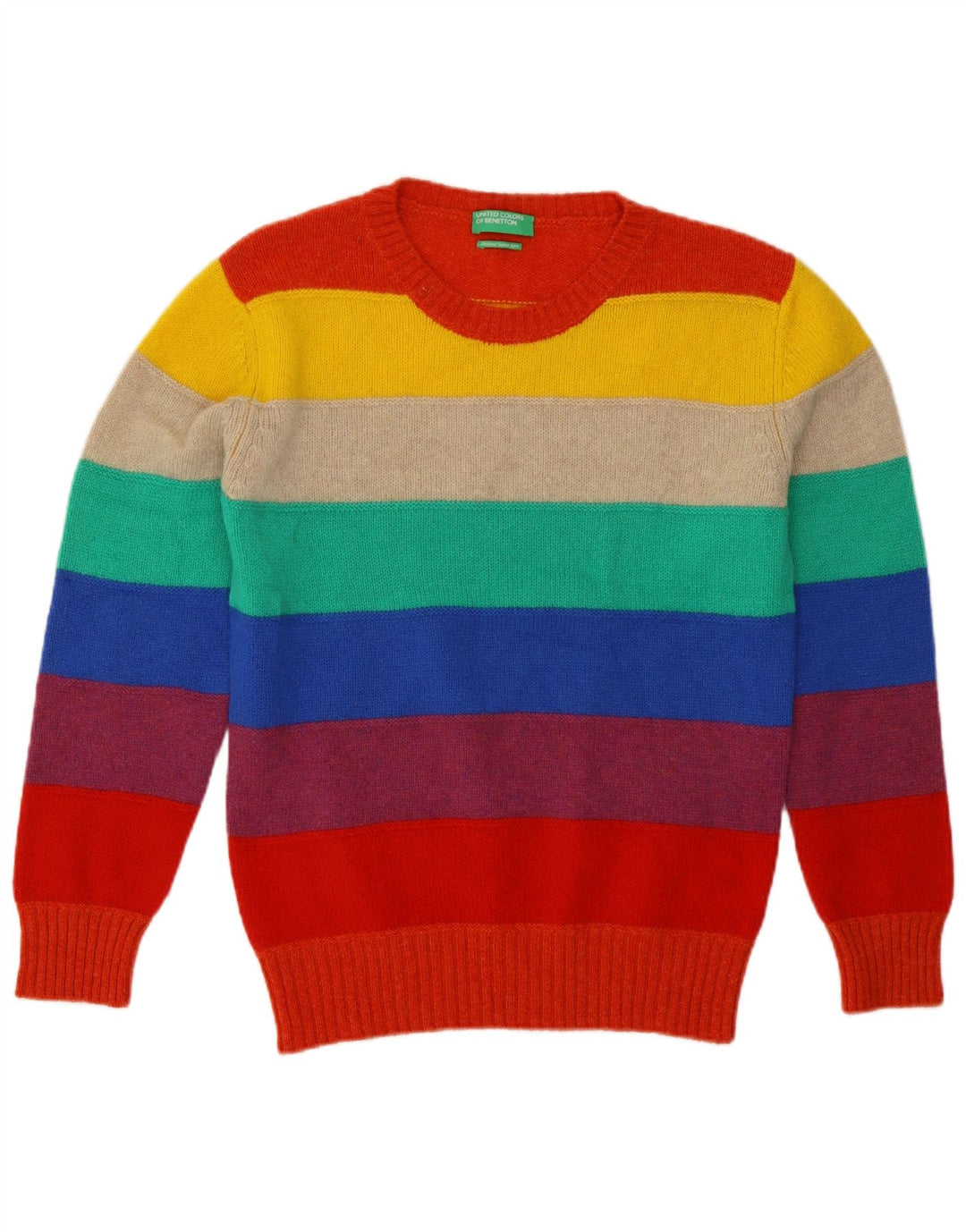 Benetton Dame Crew Neck Jumper Sweater UK 14 Medium Flerfarvet Stribet