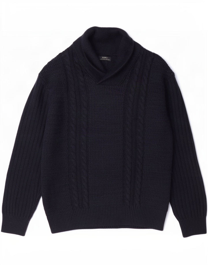 Zara Herre Shawl Neck Jumper Sweater XL Navy Blue Akryl